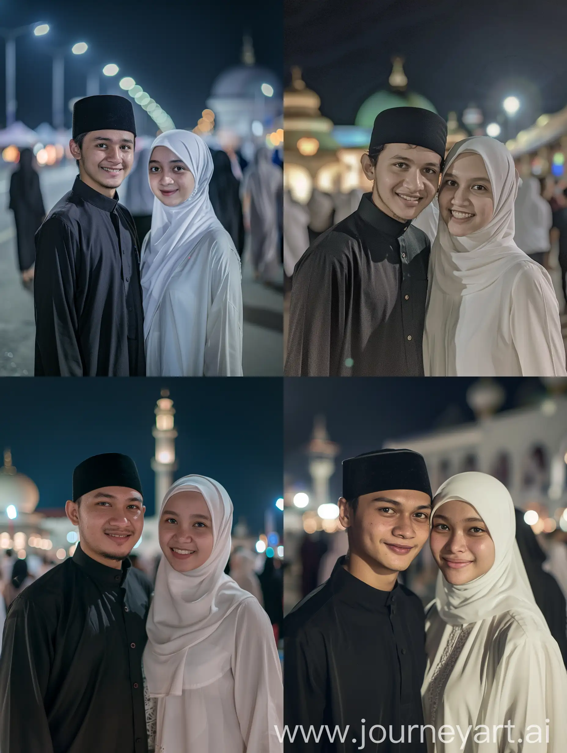 (8K, RAW Photo, Photography, Photorealistic, Realistic, Highest Quality, Intricate Detail), Medium photo of 25 year old Indonesian man, fit, ideal body, oval face, white skin, natural skin, medium hair, wearing a black Muslim koko, side by side with a 25 year old Indonesian woman, wearing a white mukena, they smile facing the camera, their eyes look at the camera, the corners of their eyes are directed at the camera. just like those who have just finished going home to the terawih mosque, many people at the back of the road are wearing Muslim koko clothes at night behind the mosque HD clear like the original full body photo