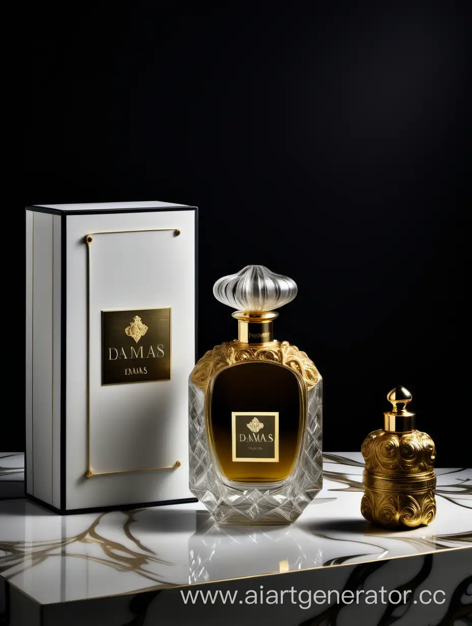 a bottle of damas cologne sitting next to a dark White box,with golden lines a Baroque dynamic luxurious composition, feminine
flemish Baroque