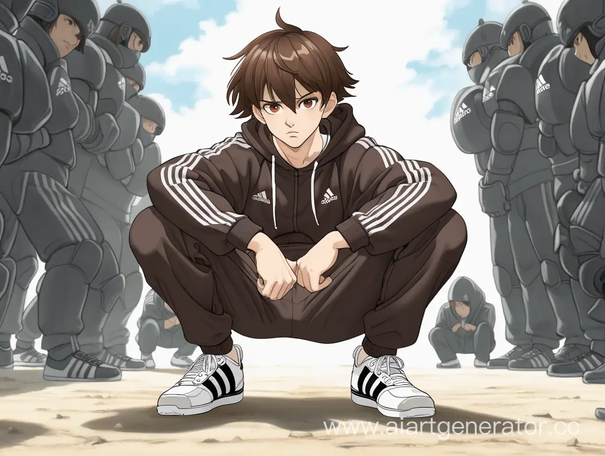 Anime teenage man, brown hair, brown eyes, black adidas tracksuit, squatting in the middle of a battle