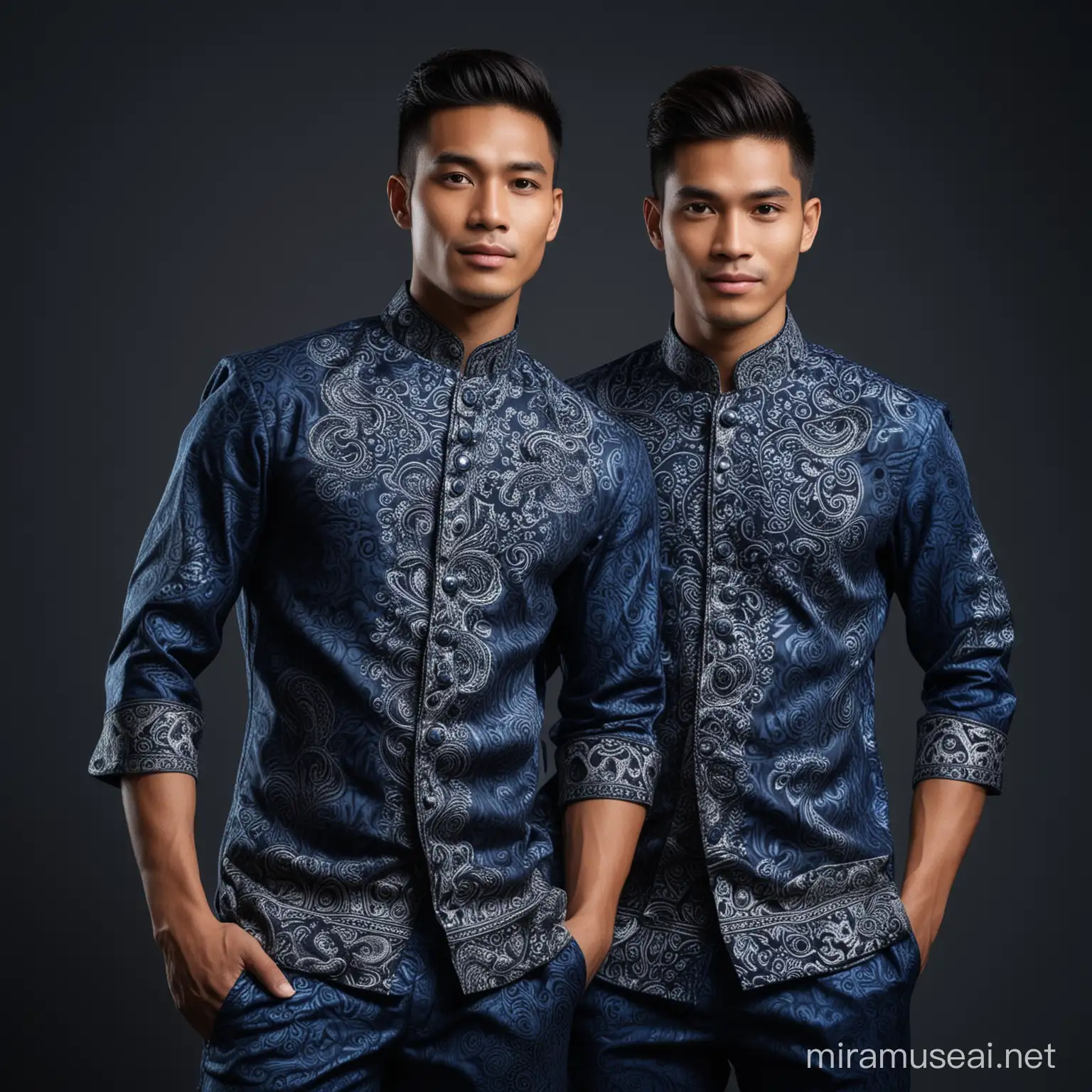 Dua orang laki laki muda ganteng ,wajah indonesia, berseragam biru batik mewah.
Foto setengah badan ,baiground layar studio hitam 