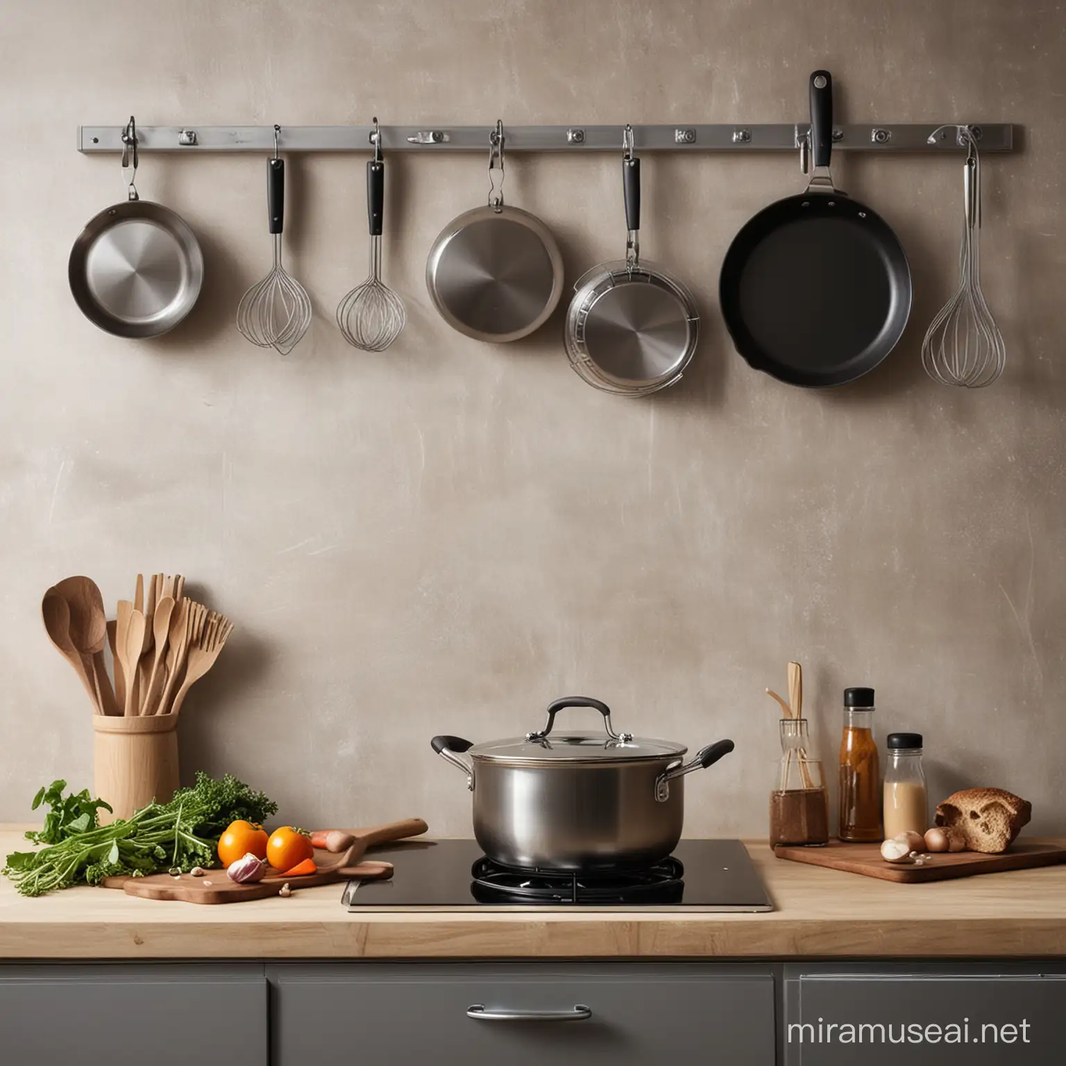 Create a beautiful and natural picture of a kithcen environment with a human using kitchen tools and modern pans for cooking