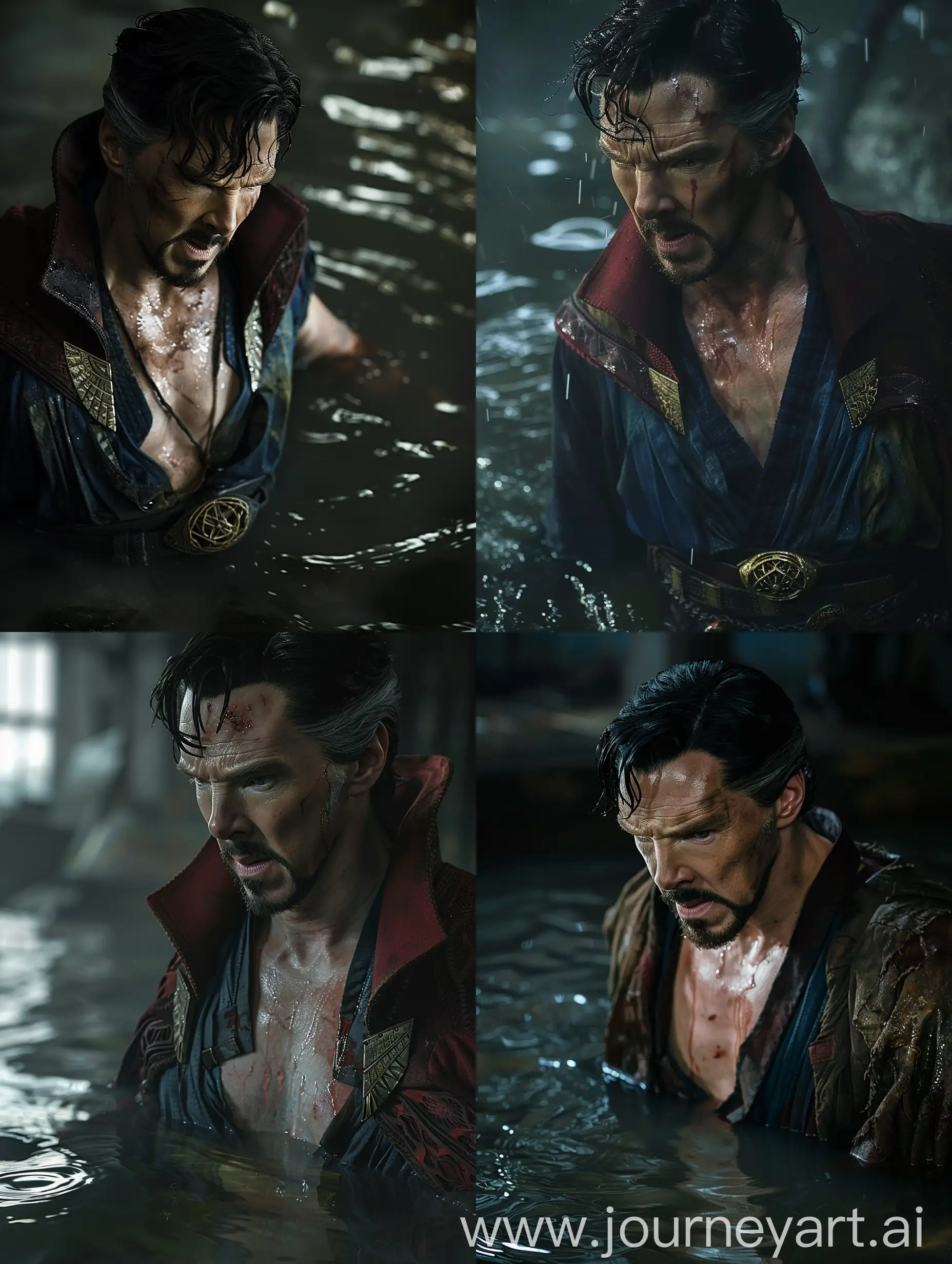 Close up of Doctor Strange in ripped, torn, ragged, dirty outfit, shirtless, in a dark room, water rising to his knees, wet, in dispair.