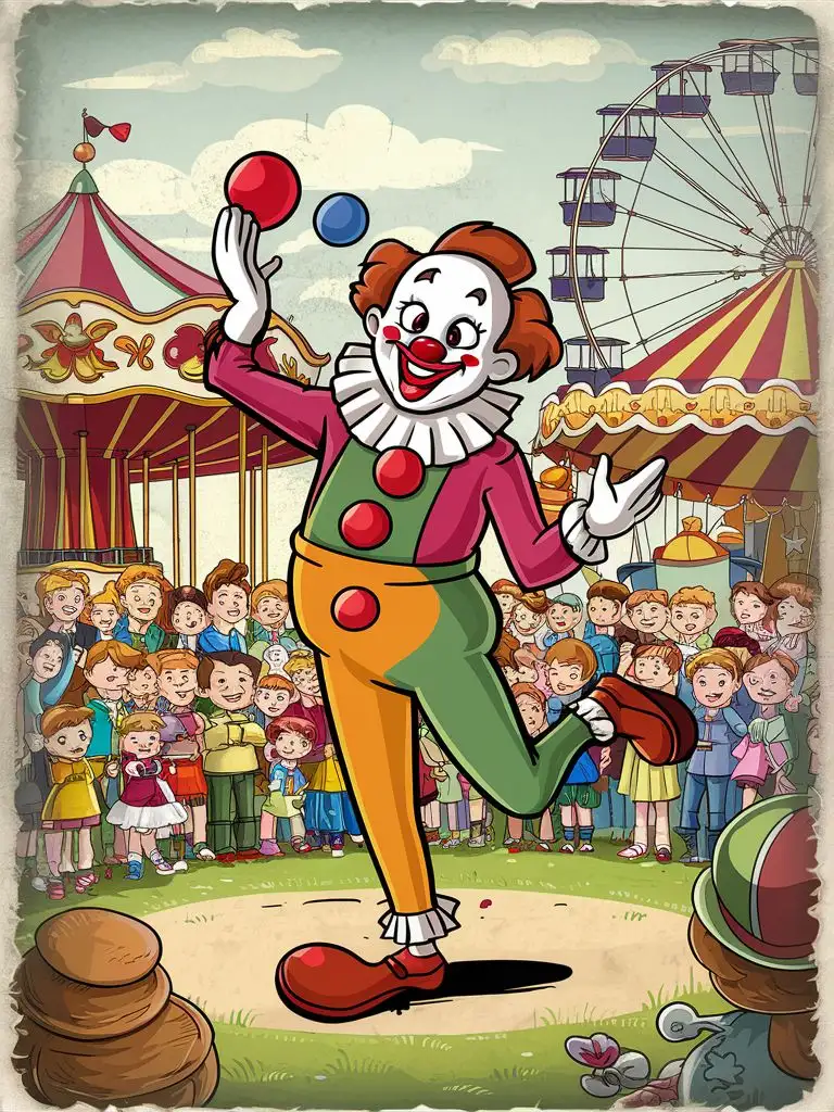 an HD colorful image of a cartoon clown being silly in a beautiful park, vintage inspired, similar to the art work by joseph grimaldi
