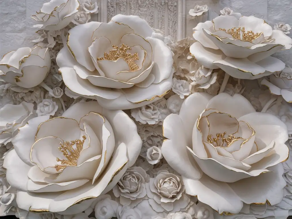 white basrelief sculpture of huge rose flowers with gold elements
