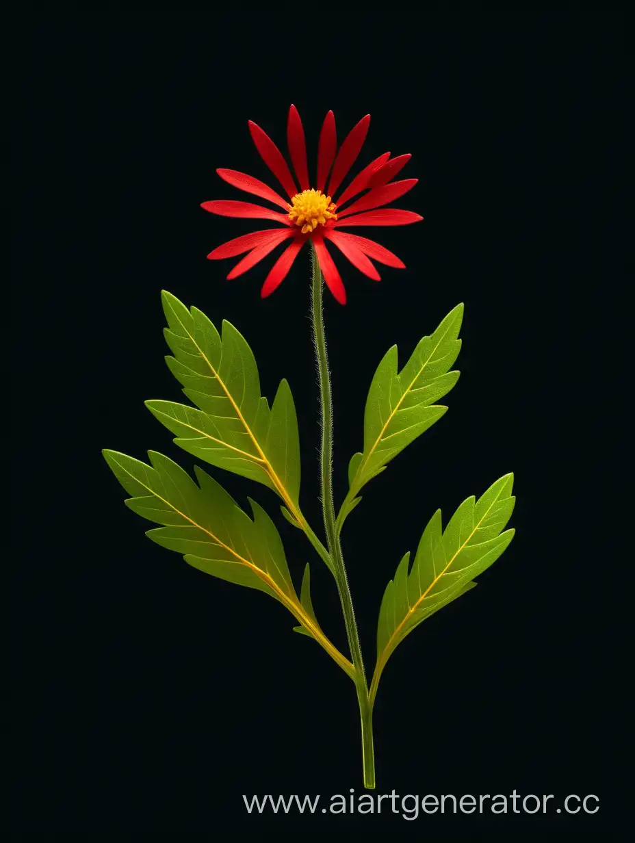 Vibrant-Red-Wild-Flower-in-8K-Amidst-Fresh-Green-Leaves-on-Dark-Yellow-Background
