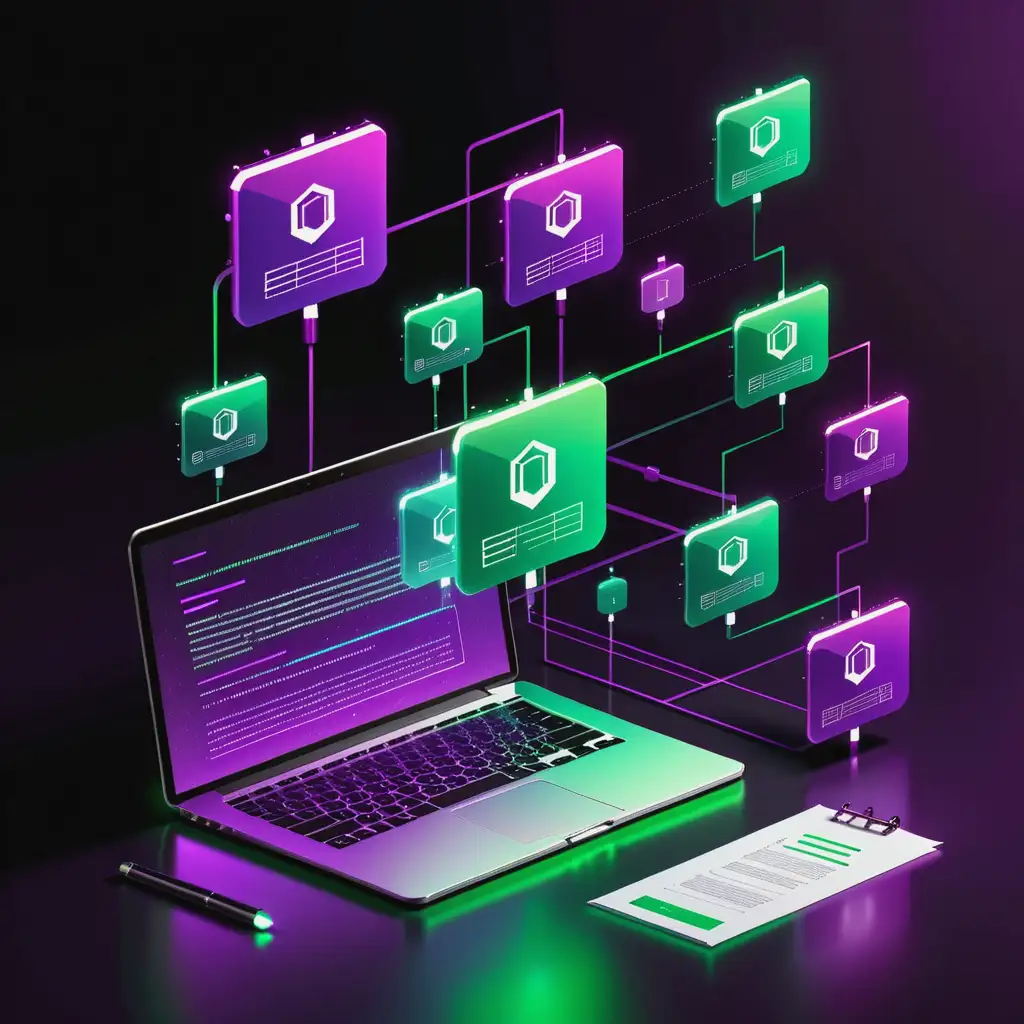 minimalistic futuristic blockchain illustration transferring digital legal documents, green and purple colors