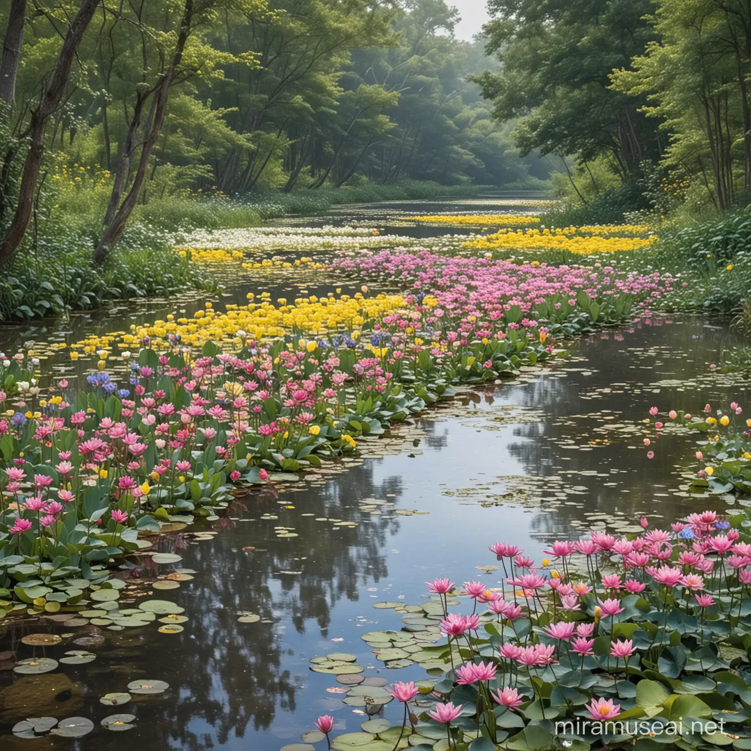 cove along a creek with water lilies of white, pink, yellow, blue, and purple