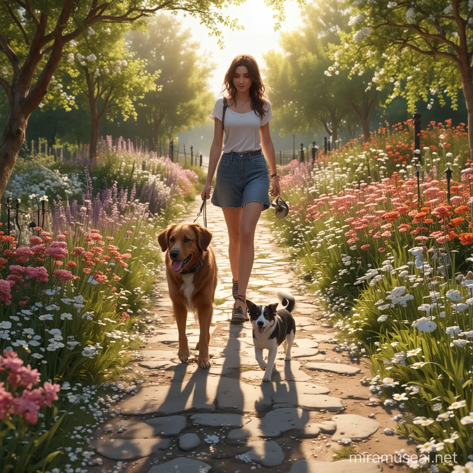 Young Woman Strolling with HyperRealistic HD Dog Along Flowery Path