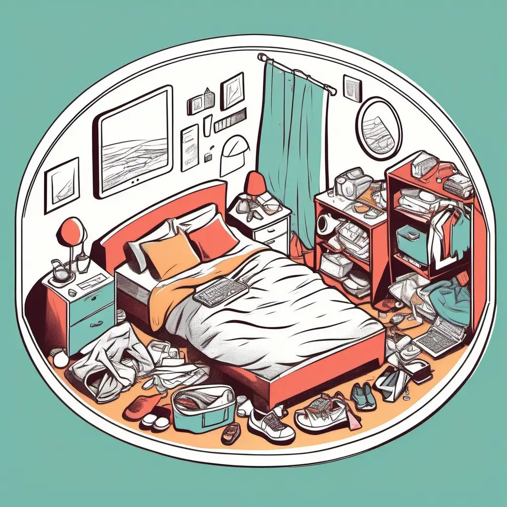 rounded simple illustration style, female bedroom, total mess in the room, messy room, messy bed, lot's of things, clothes on the floor, more mess, computer,  no one in the room