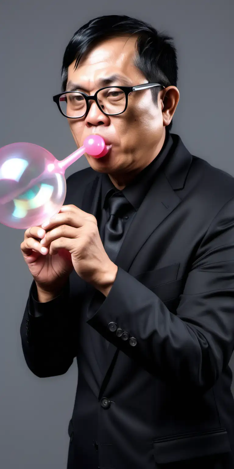 Mature Southeast Asian Man Blowing Bubble Toy in Stylish Black Suit
