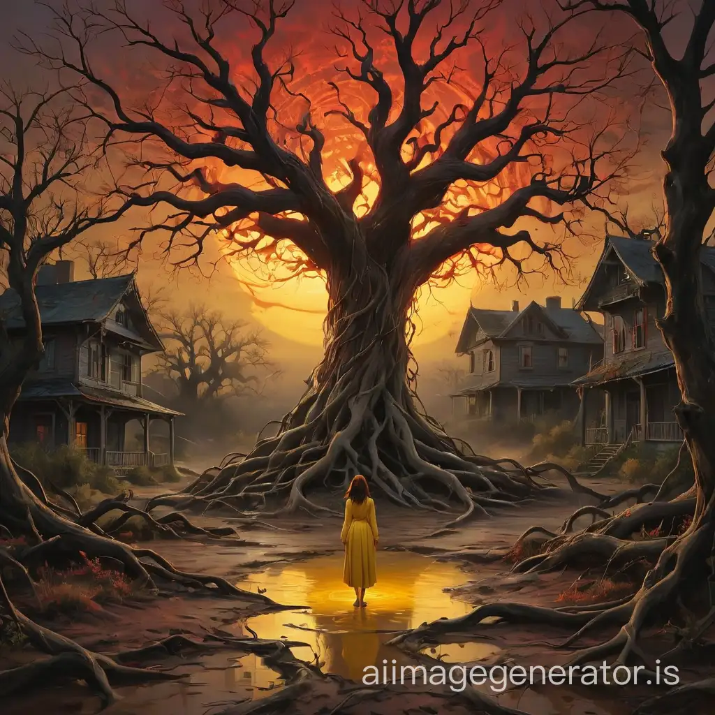 This surreal and disturbing illustration depicts a nightmarish, dreamlike scene filled with symbolic imagery. The eerie atmosphere is created through the twisted and tangled tree branches crossing the dark sky and the glowing red light source resembling an ominous eye or presence watching over the scene.

In the center sits a dilapidated, seemingly abandoned house with glowing red windows that hint at some evil force within. The vibrant yellow soil gives the impression of a dangerous or polluted environment.

Two haunting figures add to the sense of foreboding - a ghostly, featureless female form emerging from the yellow pool, and a lone red figure in the distance, their purpose and nature unclear but suggestive of danger or the unknown.