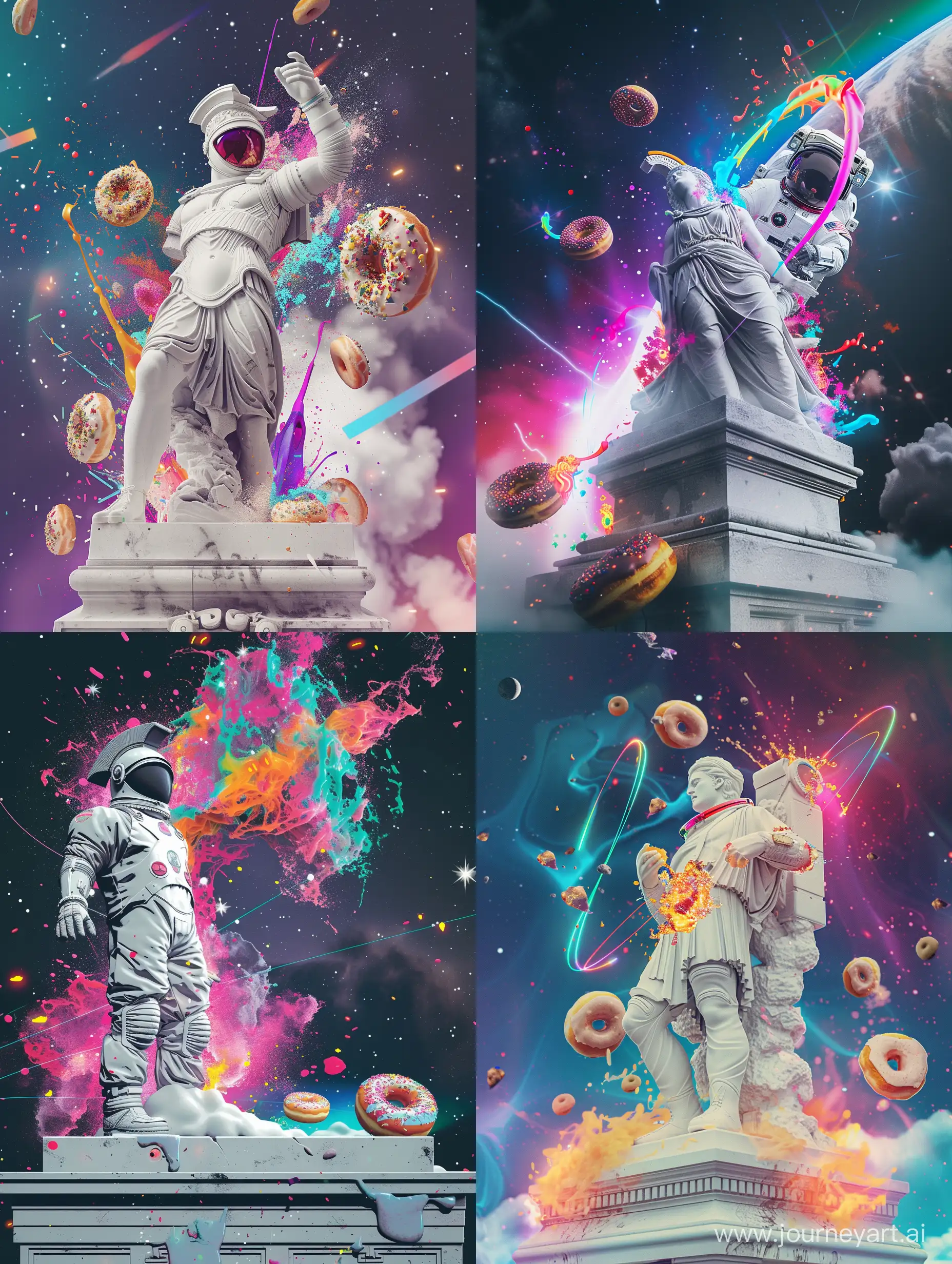 Cyberpunk synthwave Greek statue, exploding doughnuts food splatter and icing, spacesuit in white, against a night sky, with science fiction colorful light effects. Make it 2:3 aspect ratio for the statue and doughnuts, and 4:5 aspect ratio for the spacesuit in the night sky.