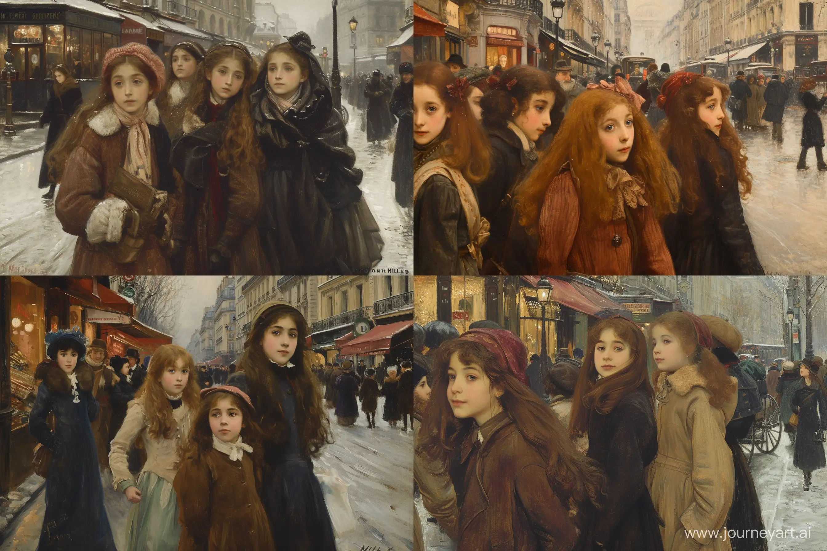 oil painting of girls on a busy street in Paris in the winter of 1910 by John Everett Millais
--v 6 --ar 3:2
