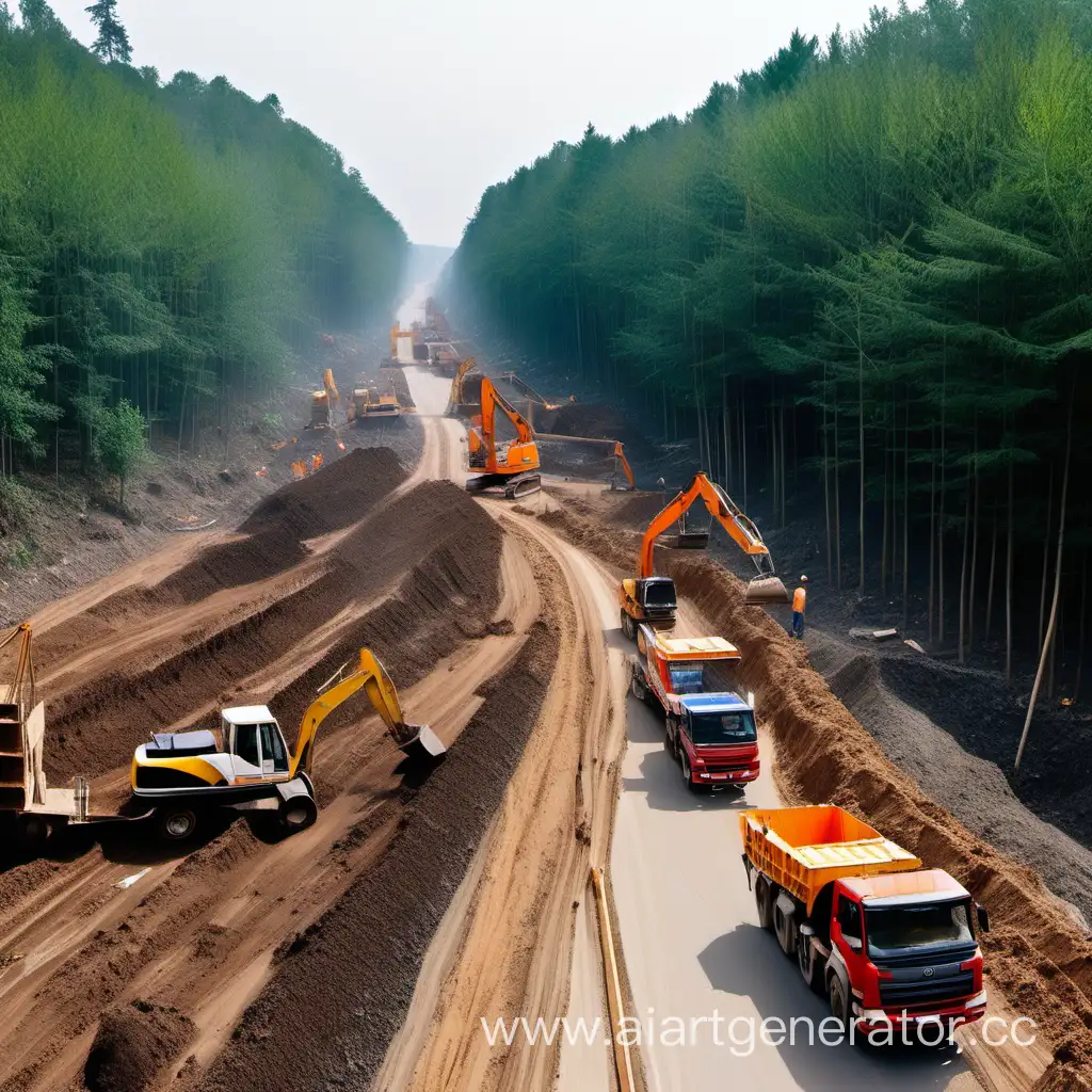 строители строят автомобильную дорогу в лесу 