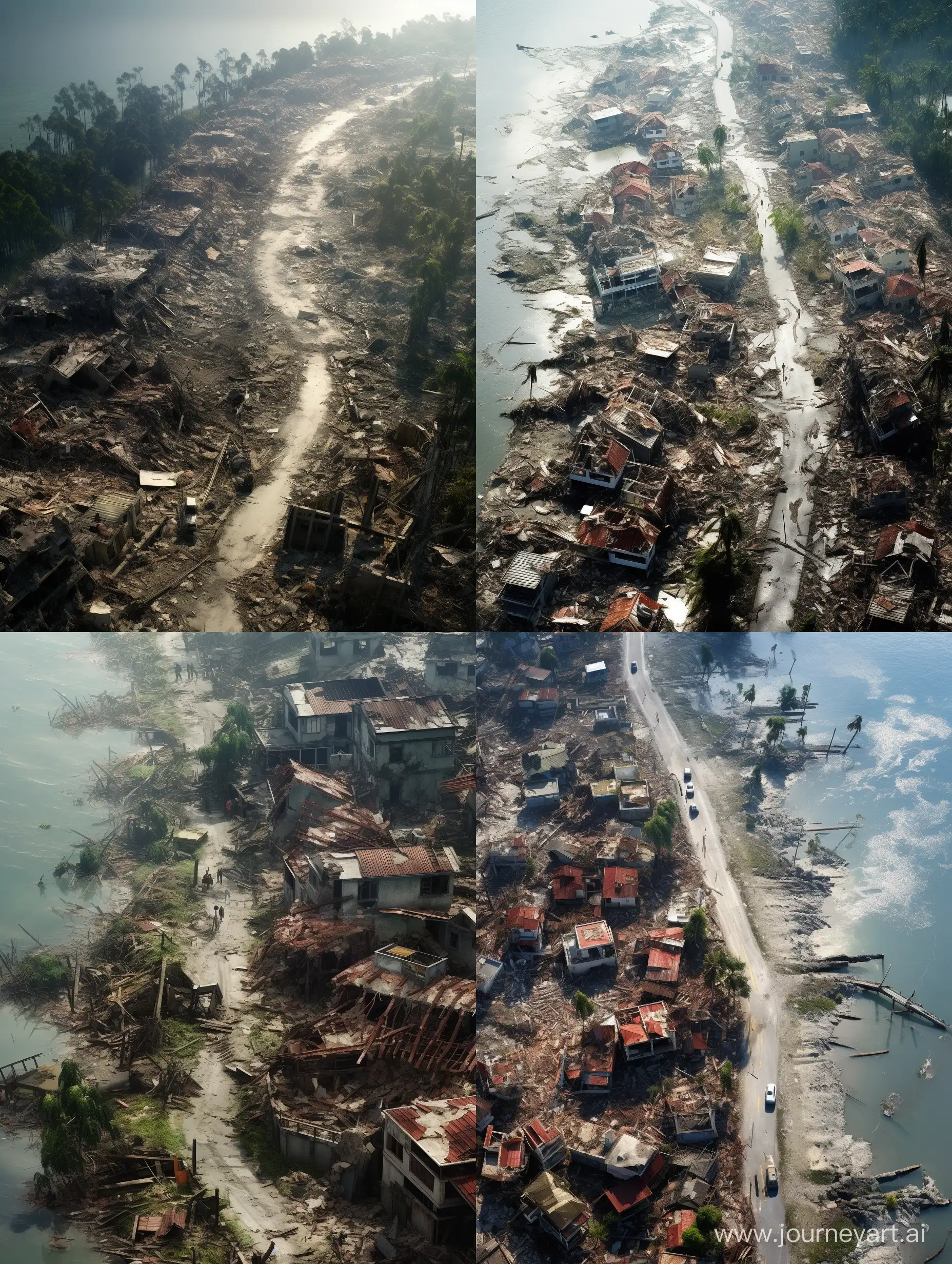 photorealistic, realistic, airreal view of city destroyed by tsunami,