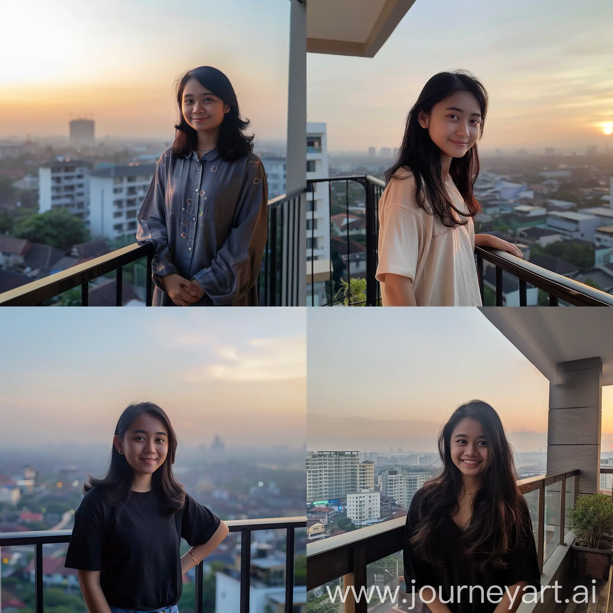 Satisfied-Indonesian-Woman-on-Apartment-Balcony-Overlooking-Cityscape-at-Dawn