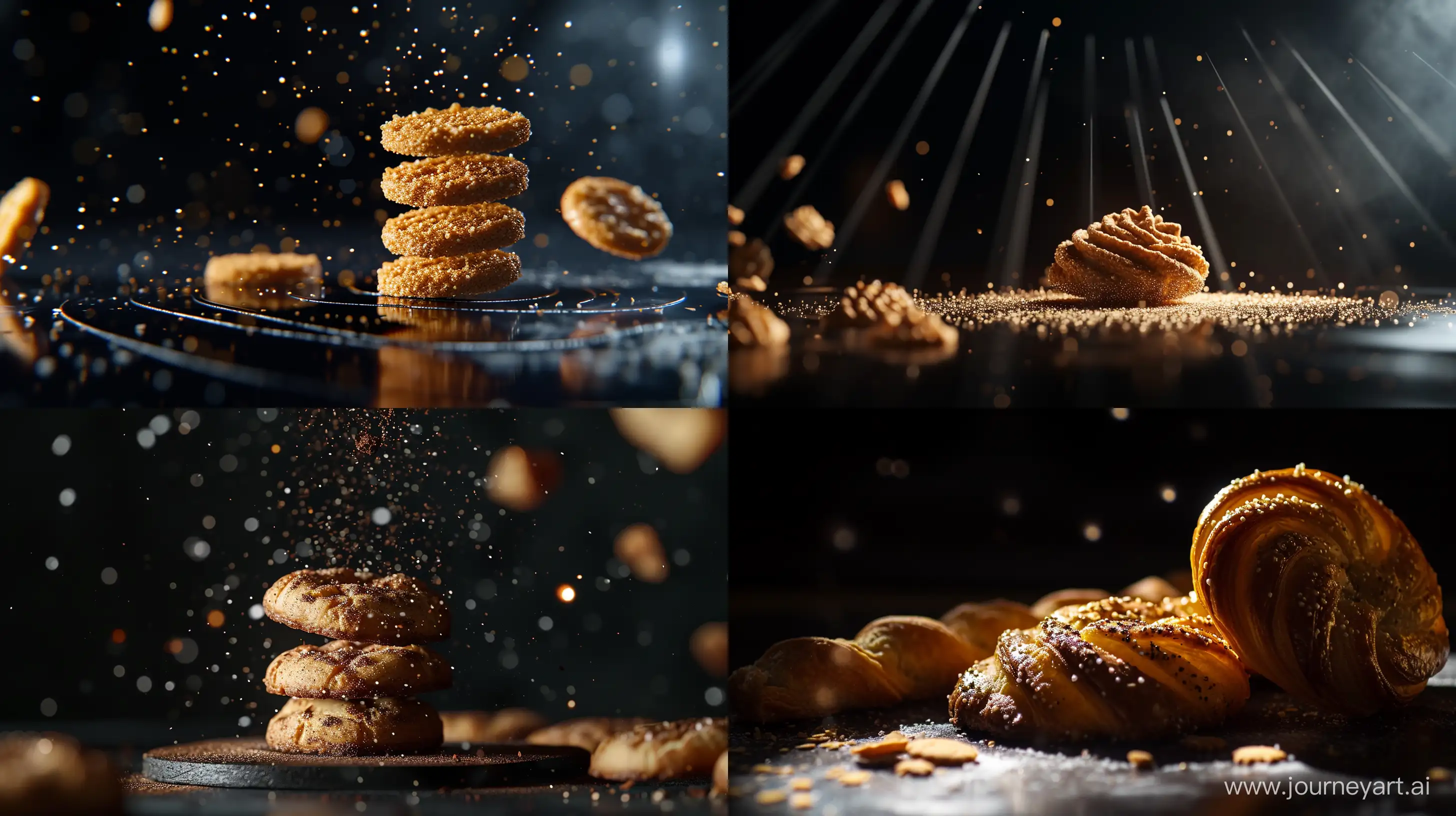 cookie and pastry, dark background, avant-garde photo, interplay of shadow and beams of lights, photorealism, global illumination, refreshing feel, minimalistic style --ar 16:9 --v 6.0 