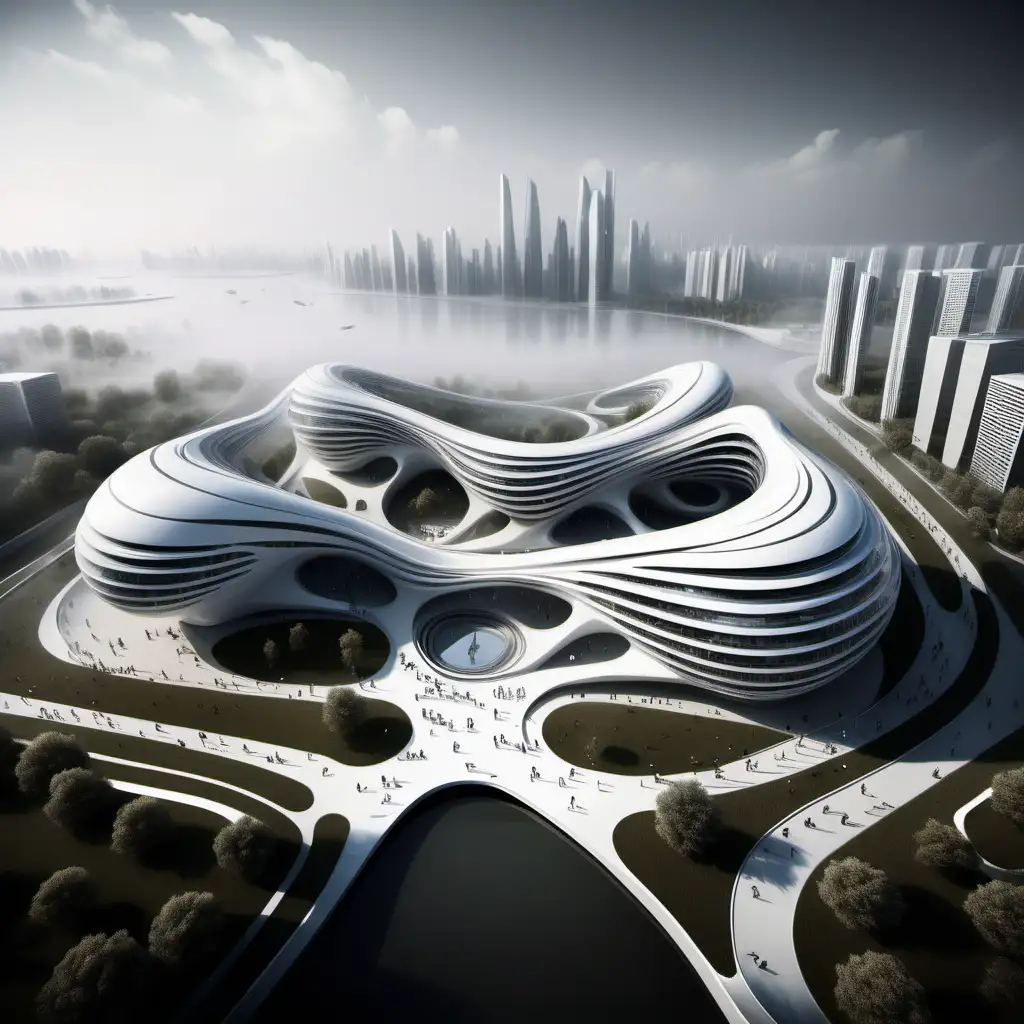 Zaha Hadid Inspired Architecture Interconnected Buildings on a Foggy Island with Yacht Access