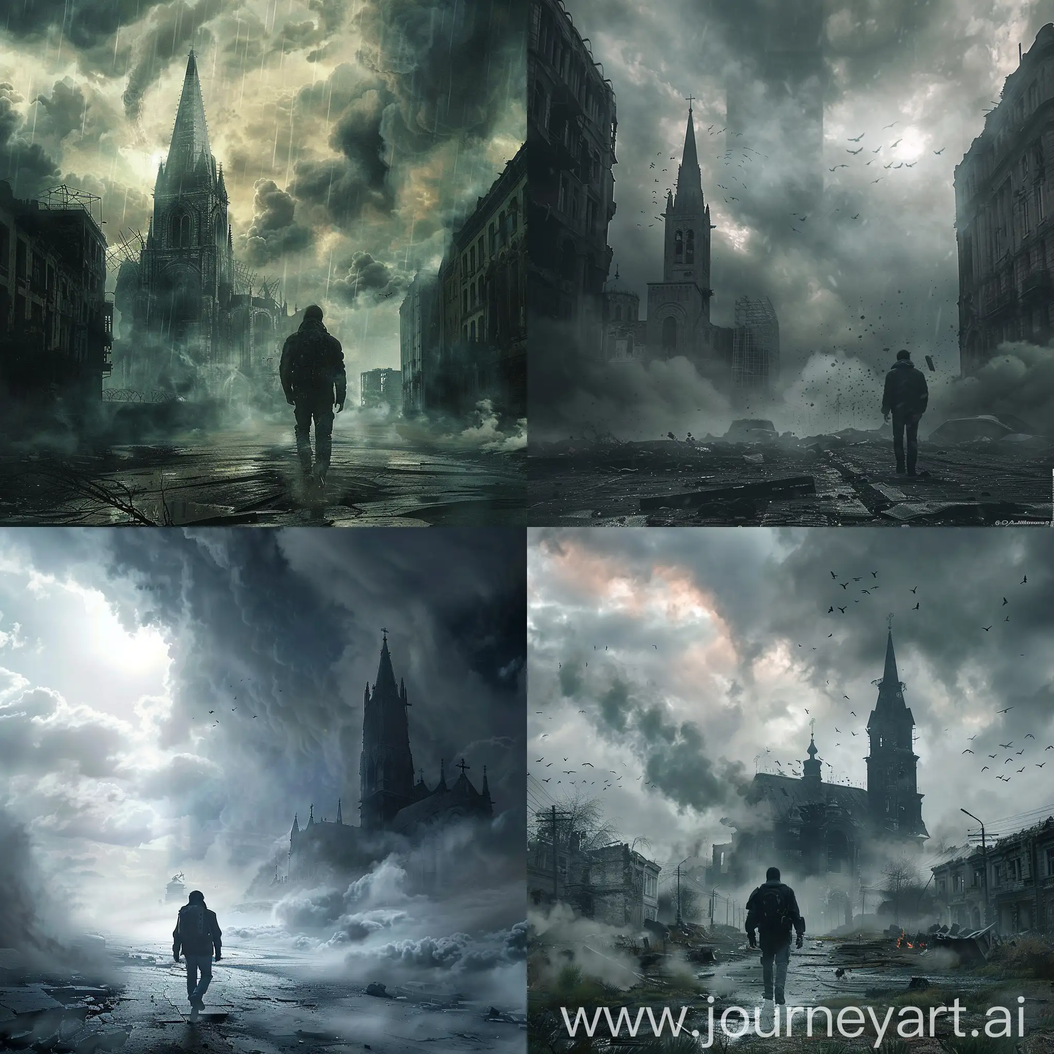 a man is walking in a post-apocalyptic world,no more sun light,mist,storm,clouds. a big city-church.glibi styles
