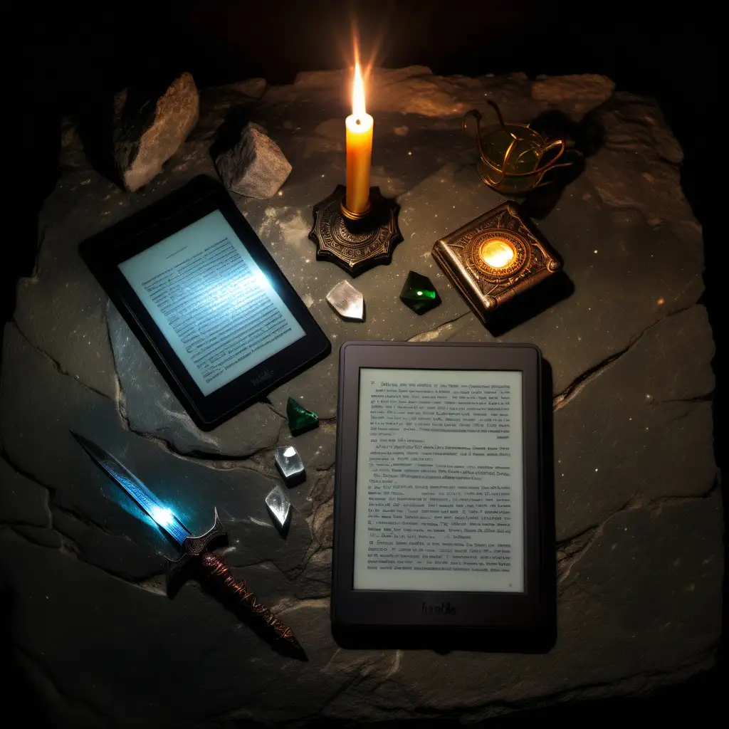 Kindle on stone table, one magical crystal, one old book and one metal dagger, at night, view from above