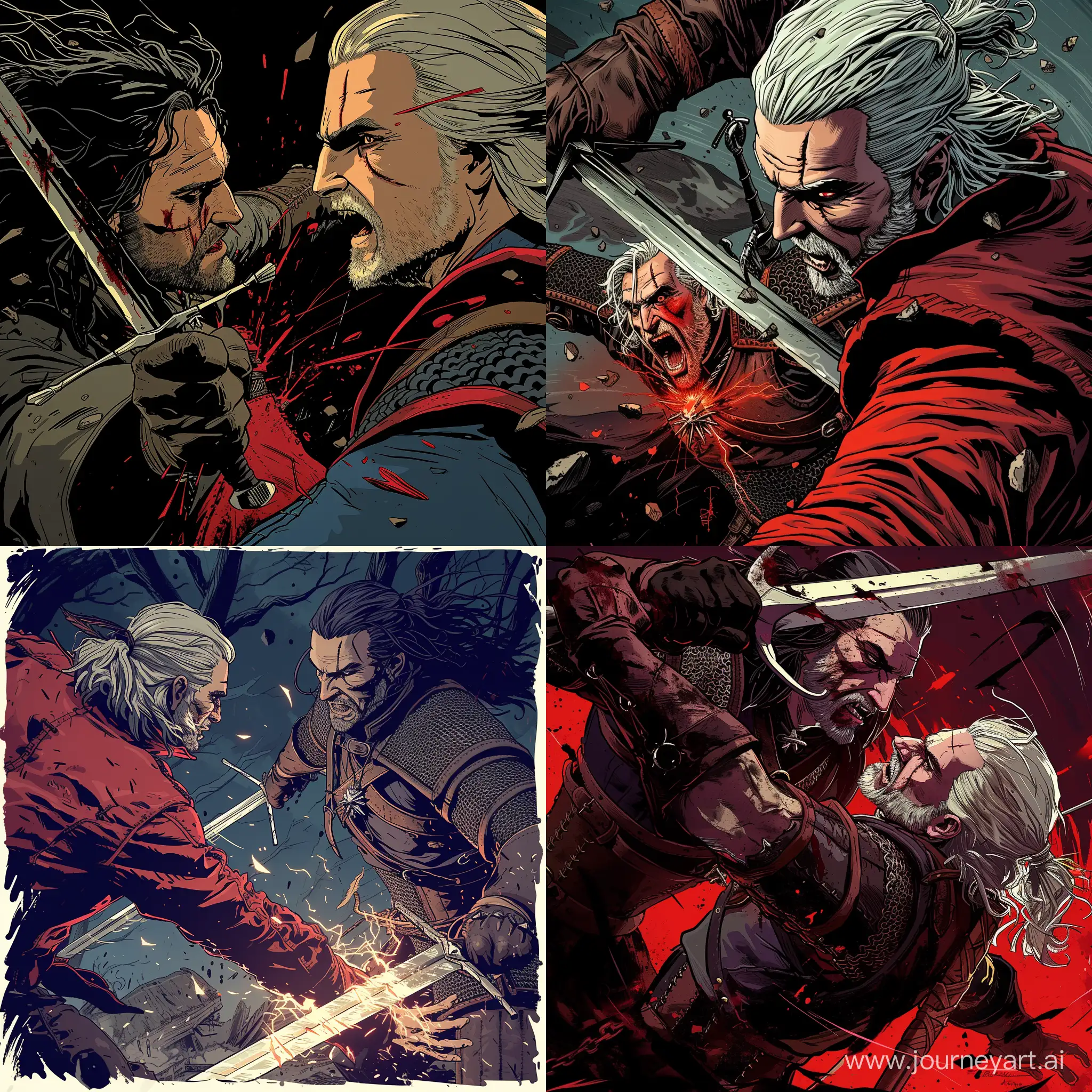 Epic-Battle-Geralt-of-Rivia-vs-Alucard-in-Stylized-Comic-Book-Art