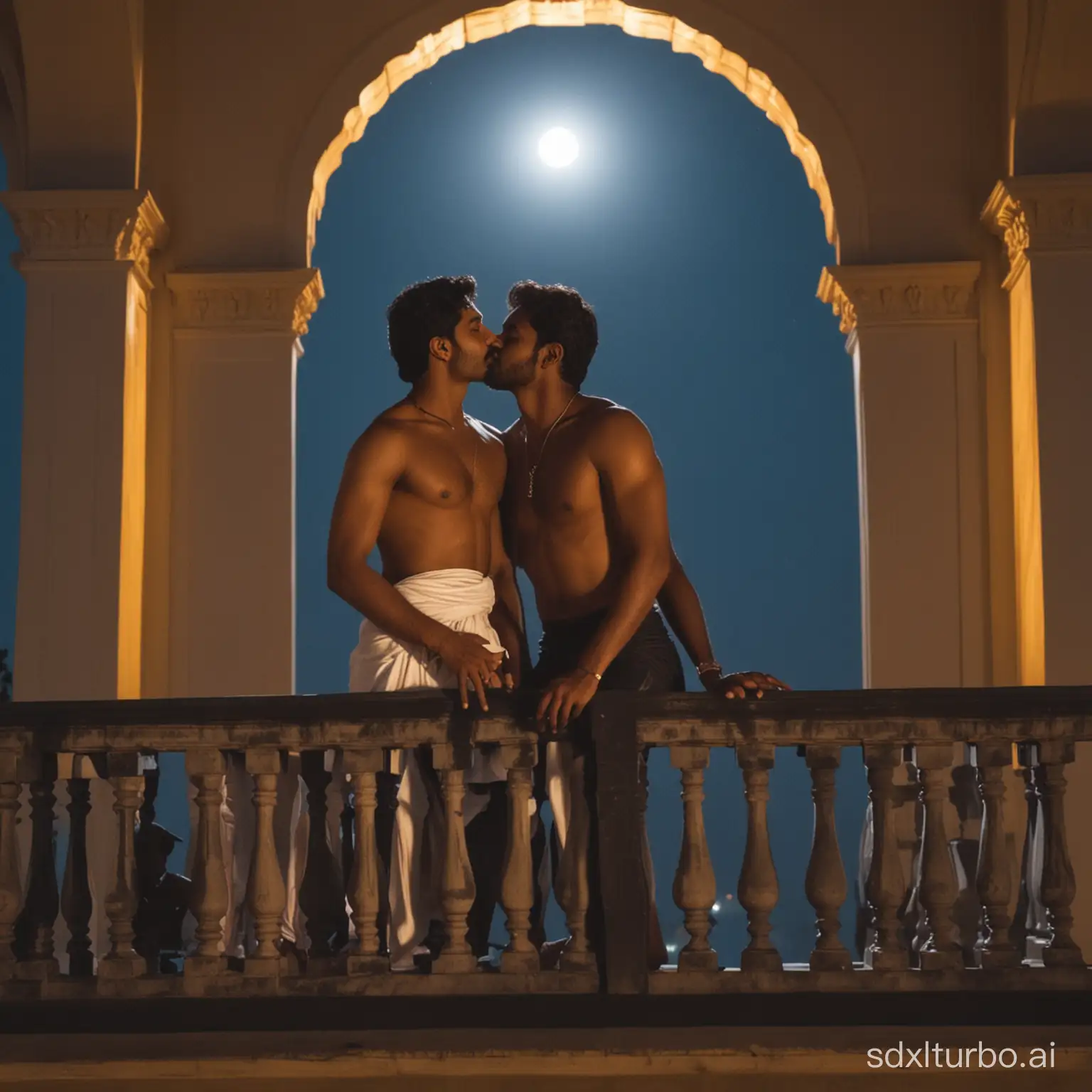 Two tamil guys kissing each other on their palace balcony, no dress, under moon light