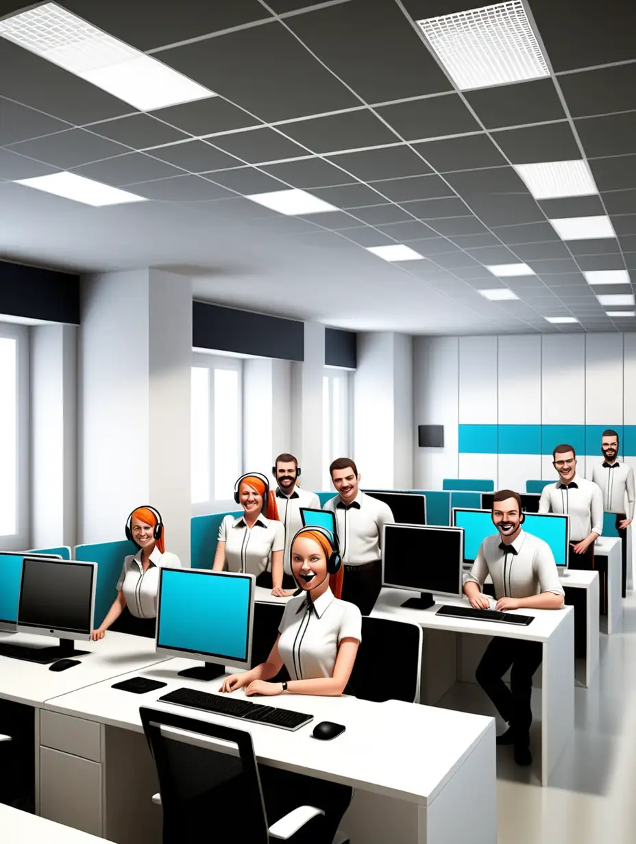 Contact centre with employees showing the integration of different departments with more efficient management., formal outfit, industrial interior design 