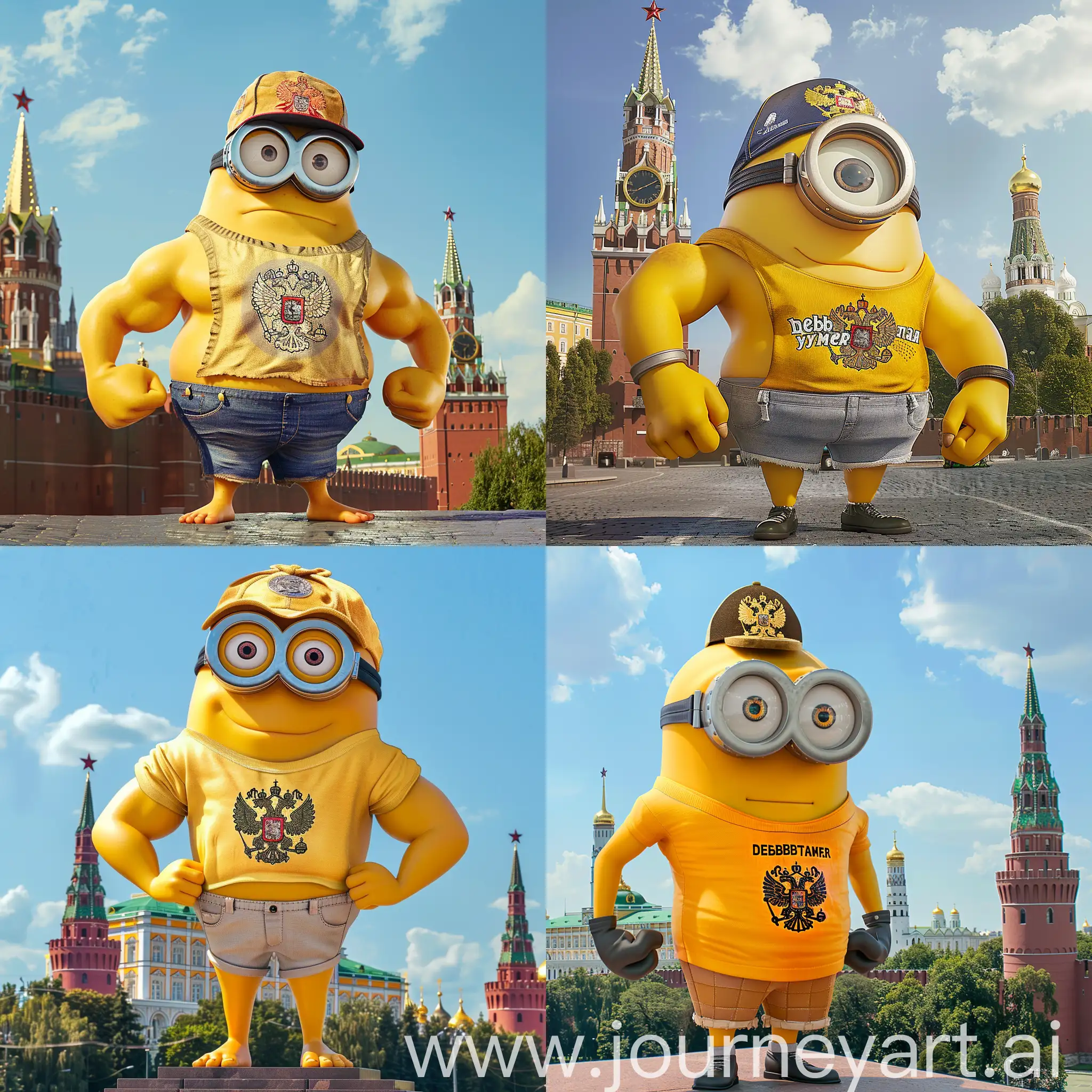 Желтый мускулистый и огромный миньон, одет в футболку и шорты, стоит на фоне Кремля в Москве, в кепке с гербом России, на футболке написано delbtan ymer.
