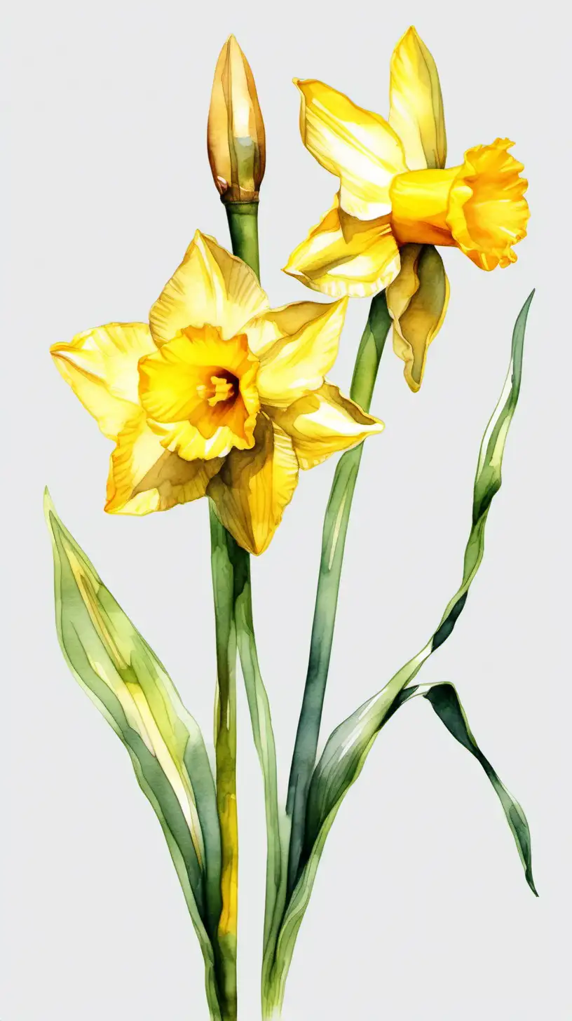 Elegant Daffodil Flower with Long Stem in Watercolor Style