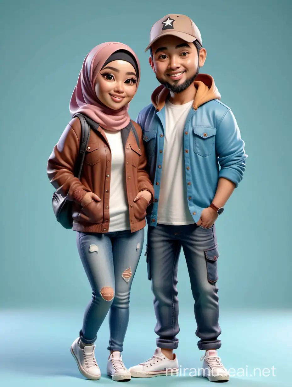 Photo realistic caricature 3d cartoon render, of a couple. one beautiful Indonesian Muslim girl, slightly chubby, Wear hijab with a parka jacket 
and denim jeans complete with white sneakers and one Muslim man, wear flannel shirt, snapback trucker and converse shoes.