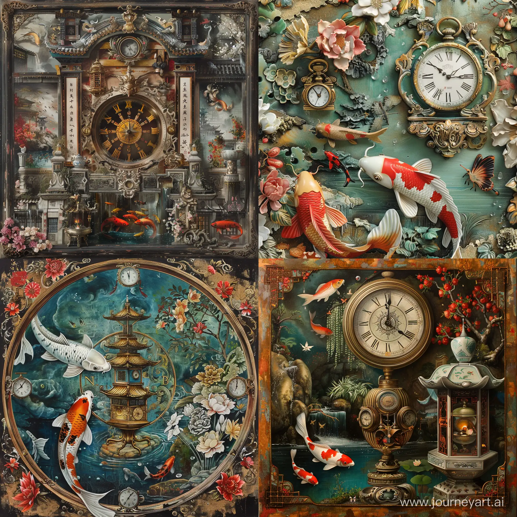 **elegantism, insane detail, painting masterpiece ,Extreme authentic decor , pocket watch, steampunk, compass, lantern, porcelain, koi ponds , perfect exact rendering, embellished and intricate architectural ornamentations, many china and japan artifacts, greebles::2 -- ar 16:9 --q 1
