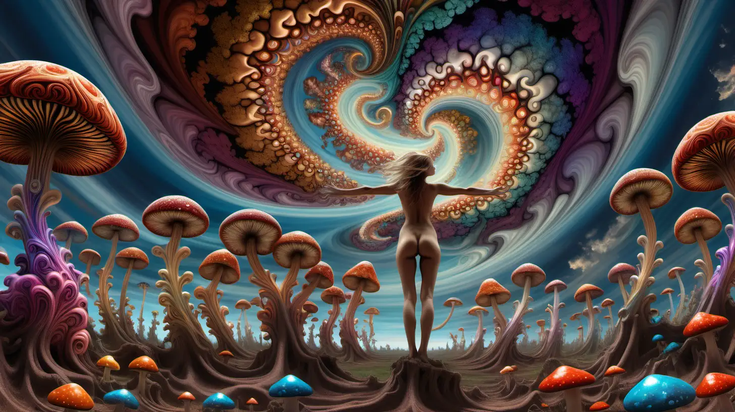 Euphoric Nude Woman Amidst Psychedelic Fractal Mushrooms