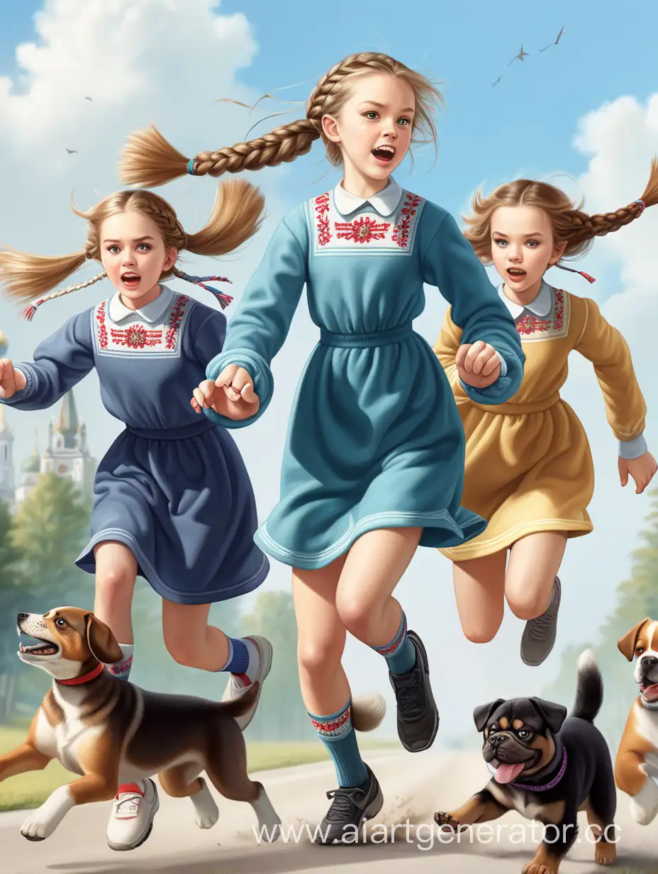 Девушки в спущенных носках и русских национальных мини-платьях с длинными рукавами и косичками убегают от злой собаки, полный рост