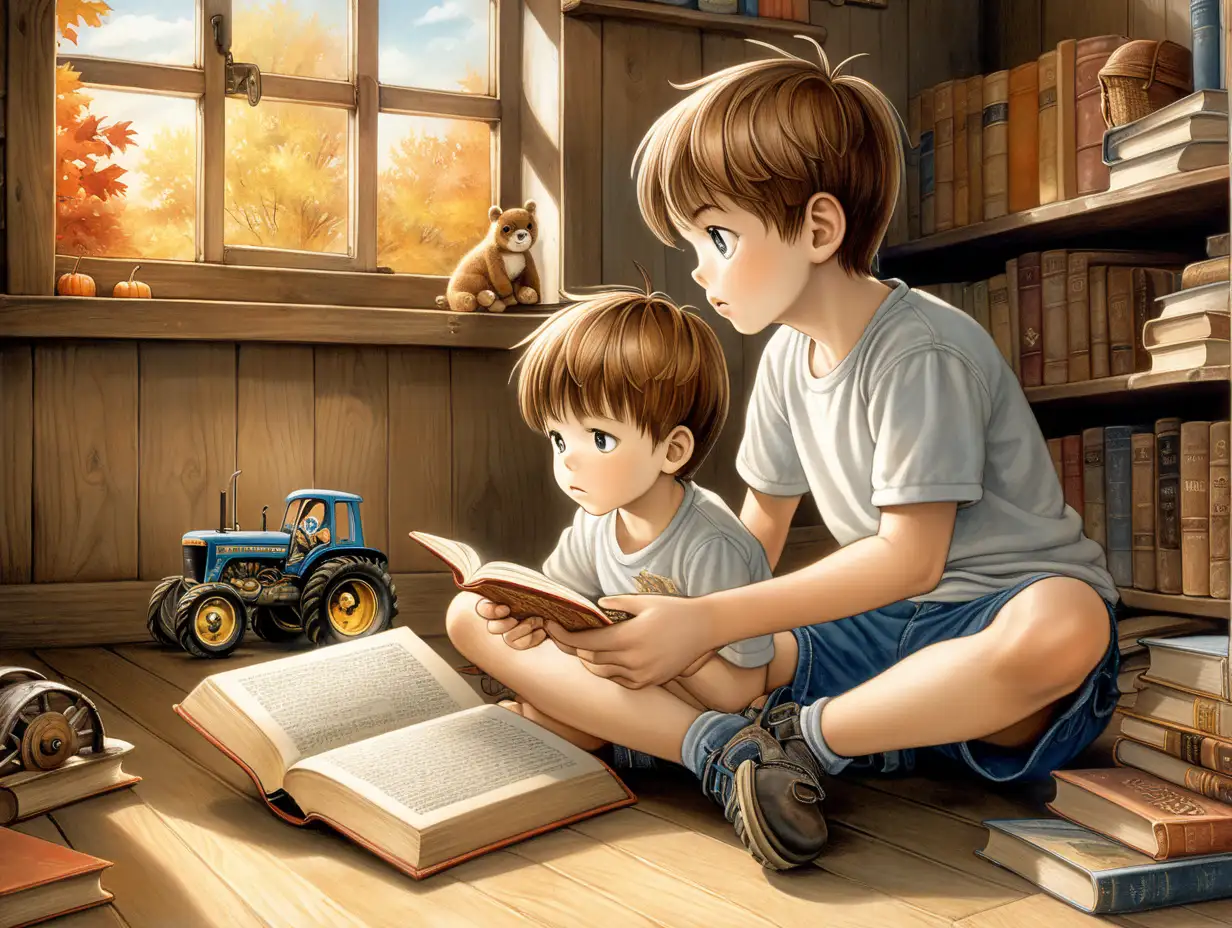 Autumn Attic Reading Siblings Bonding with Antique Tractor Illustrations
