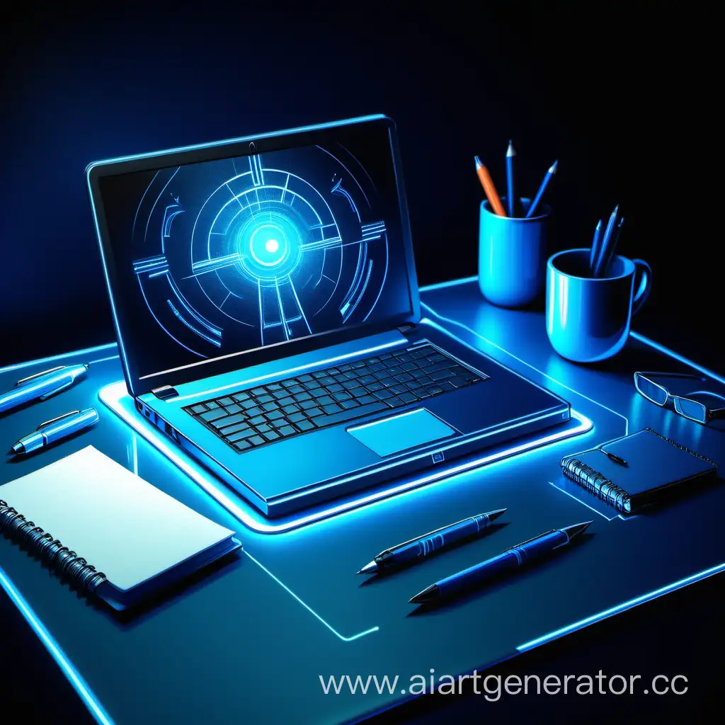 Futuristic-Blue-Illuminated-Laptop-on-Metal-Table-with-Nearby-Notebook