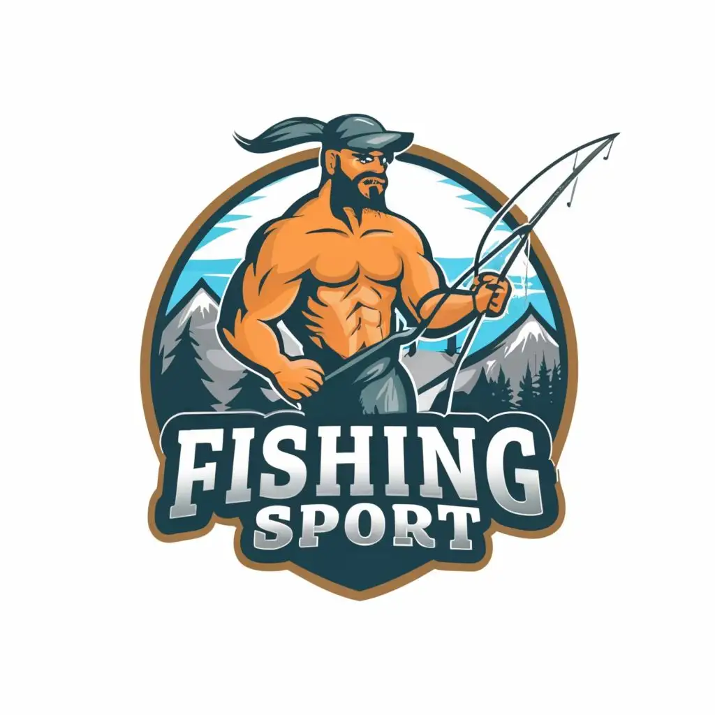 logo, abstract character of a cool fisherman-bodybuilder on the background of mountains with a big fish in his hands, with the text "fishing sport", typography, be used in Sports Fitness industry