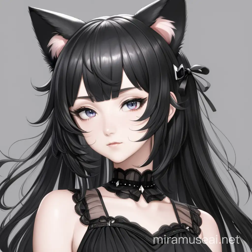 a beautiful anime woman with black hair and cat ears and also with a black dress