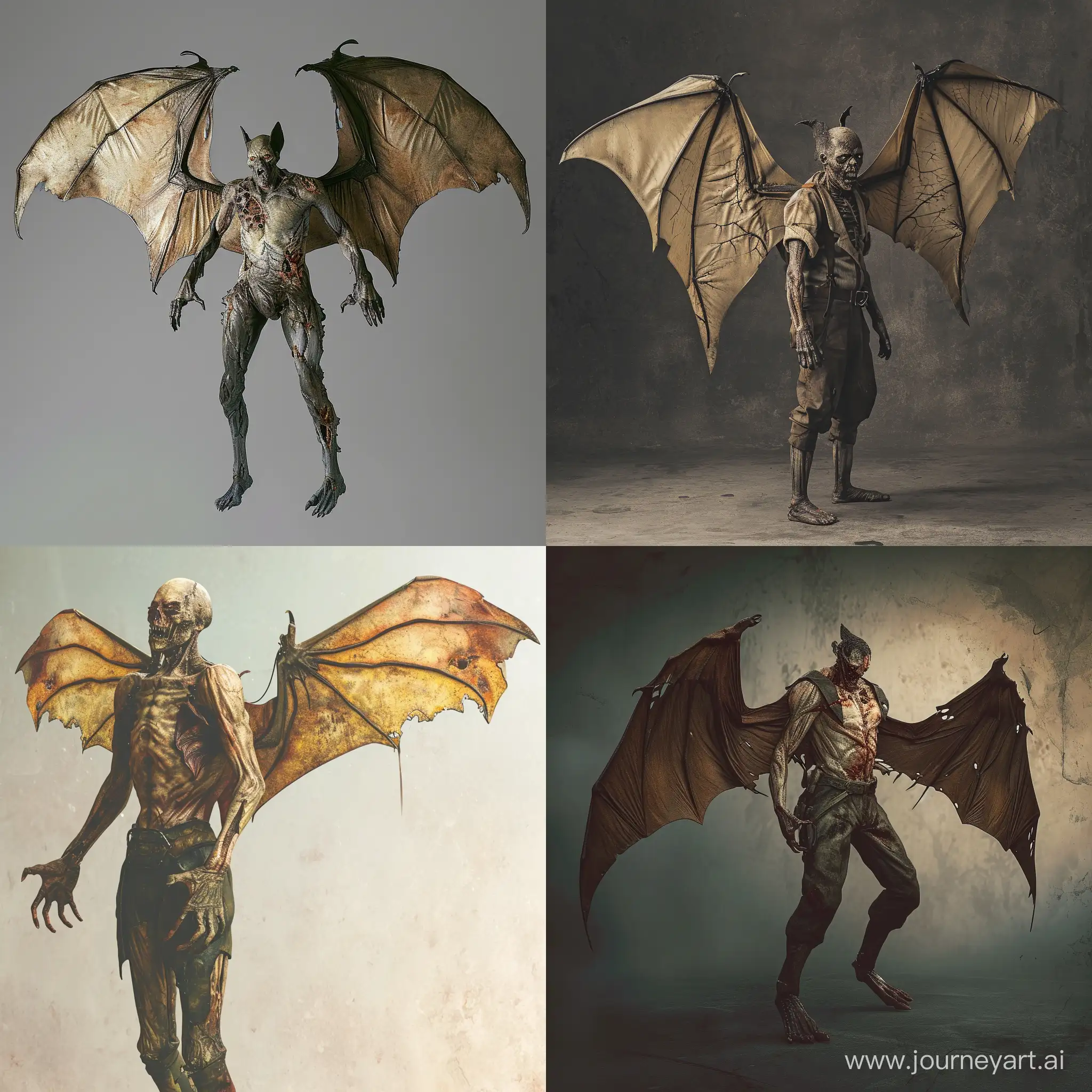 A zombie that descended from a human and a bat. The height of this flying creature is 190 cm. The wingspan is 10 meters. This mutant has wings behind its back.