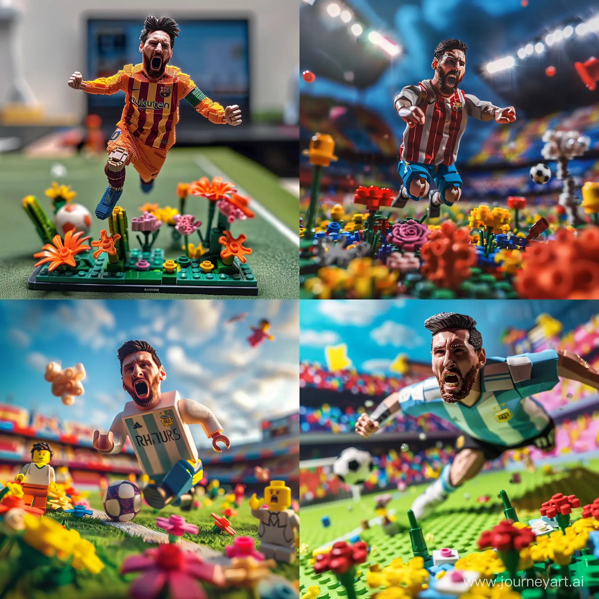 Realistic very detailed photo made on samsung phone, angry Messi on the football pitch jumps on lego flowers, realistic photo
