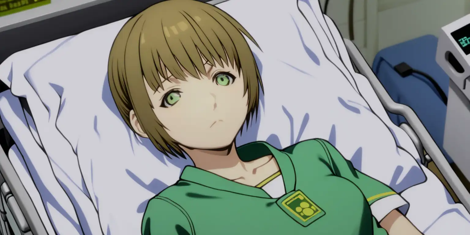 Chie Satonaka from Persona 4, bald, in a hospital bed, sad 