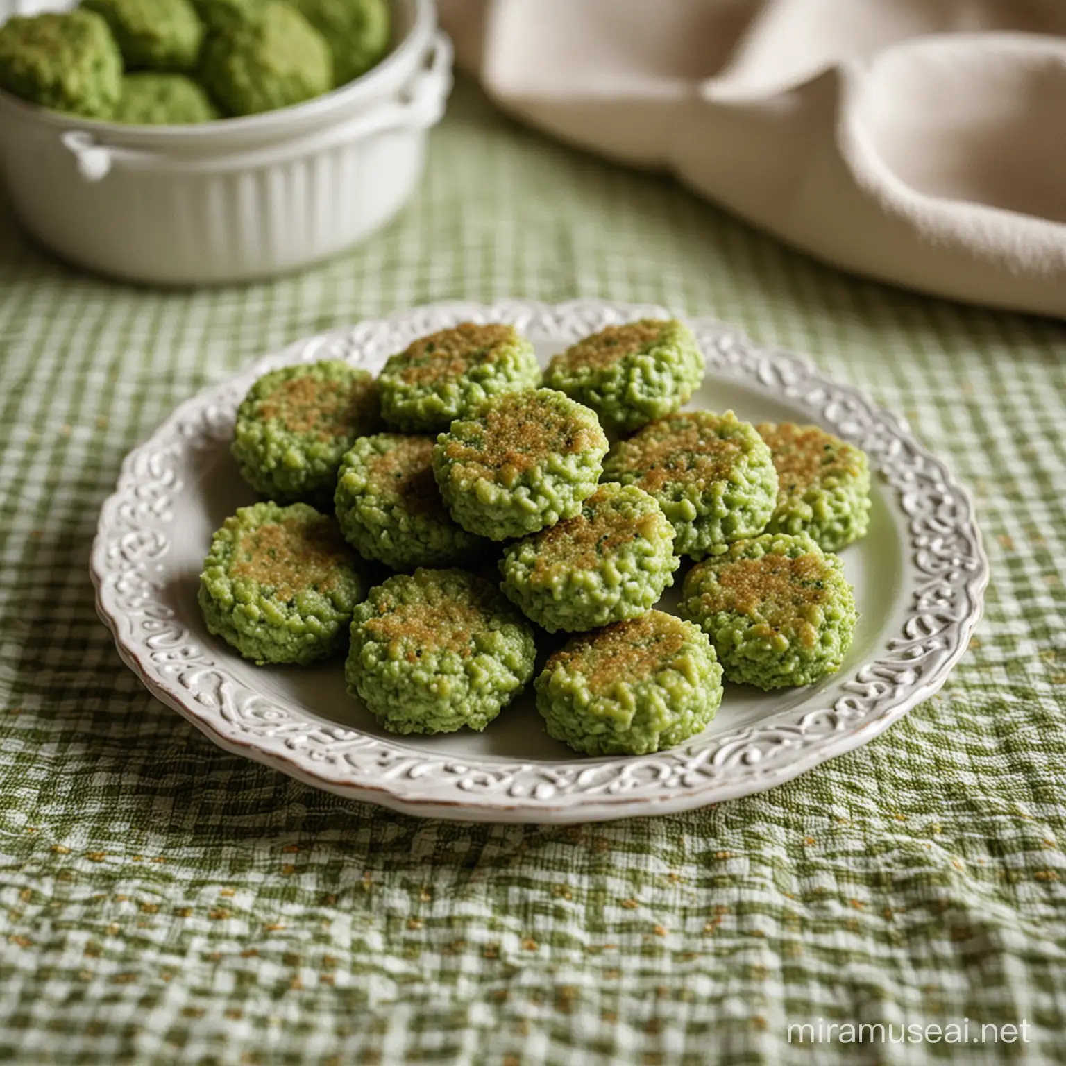 tiny green patties in a plate on atable with a nice tablecloth