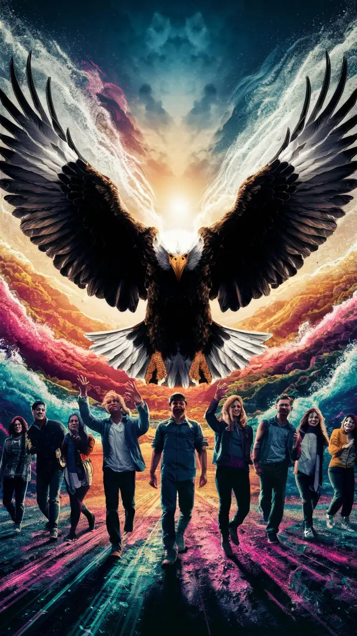 Imagine a powerful image depicting the transformation from self-discovery to empowerment. In the foreground, a majestic eagle spreads its wings, symbolizing the embrace of one's true self and potential. The eagle soars high above a vibrant landscape, representing the opportunities and possibilities that life presents. Below, diverse individuals are inspired by the eagle's flight, each taking steps towards their own path of growth and seizing opportunities for personal and professional fulfillment.