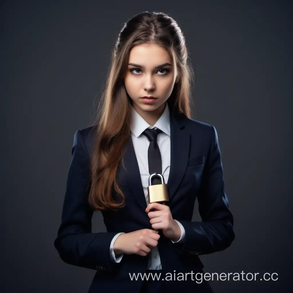 Serious-Young-Woman-in-Business-Attire-Opening-Door-with-Keys