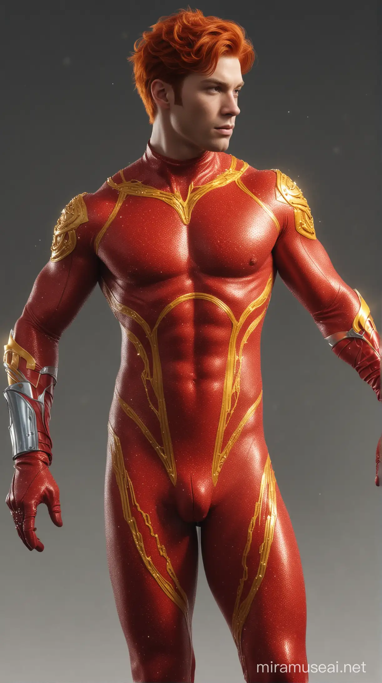  Full full body photorealistic ultra realism high definition aesthetic stabilized diffusion picture of handsome hunky fractal clean shaven red haired Zayne as celestial ren, wearing red and yellow wave sparkling biomorphic transparent overall tight fit spandex and gloves..