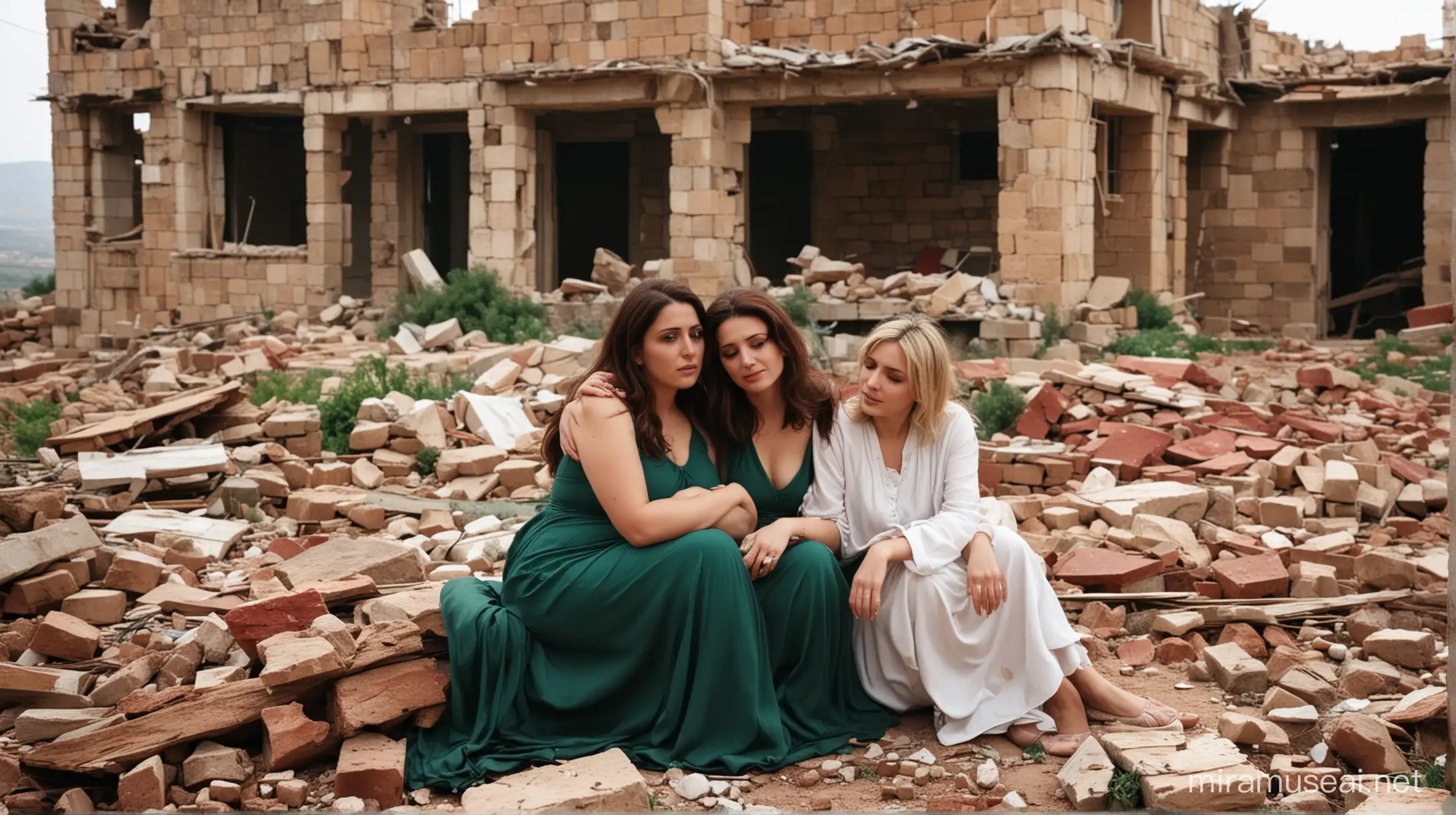 Three beautiful white woman that are sad and comforting each other. One of them is pregnant. One is wearing a pretty dark green dress and another is wearing a dark red one. They are sitting on a broken bombarded traditional lebanese house. The house is in pieces and it is completely destroyed. Behind them is a peaceful and beautiful scenery of south of Lebanon.