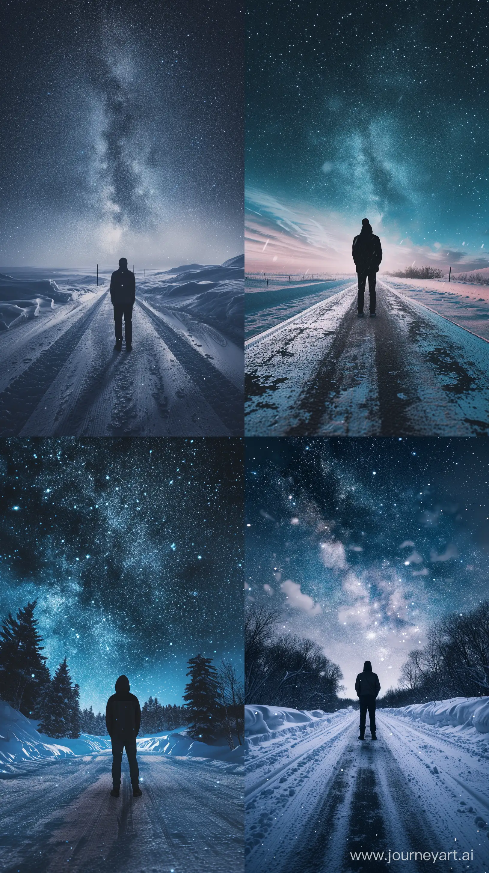 Movie Poster Photography: A Man Standing in the middle of the Snow Road, Cold Theme, Starry sky, Substance Painter Software, Cinematic Pose, Wide Shot, High Precision --ar 9:16