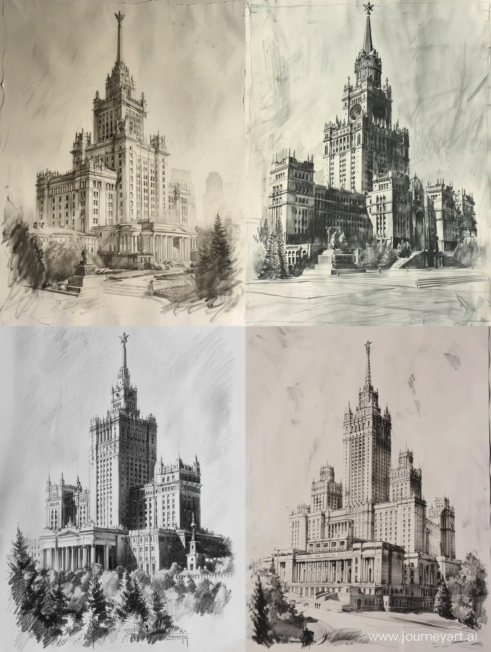 Stunning-Charcoal-Drawing-Moscow-State-University-on-Sparrow-Hills-in-Stalinist-Empire-Style