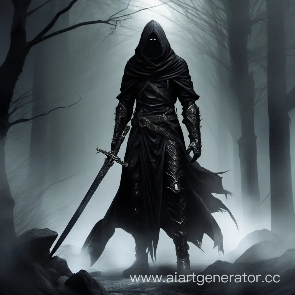 Странник в чёрном, с черной броней и с черным длинным мечом, лицо скрыто под капюшоном