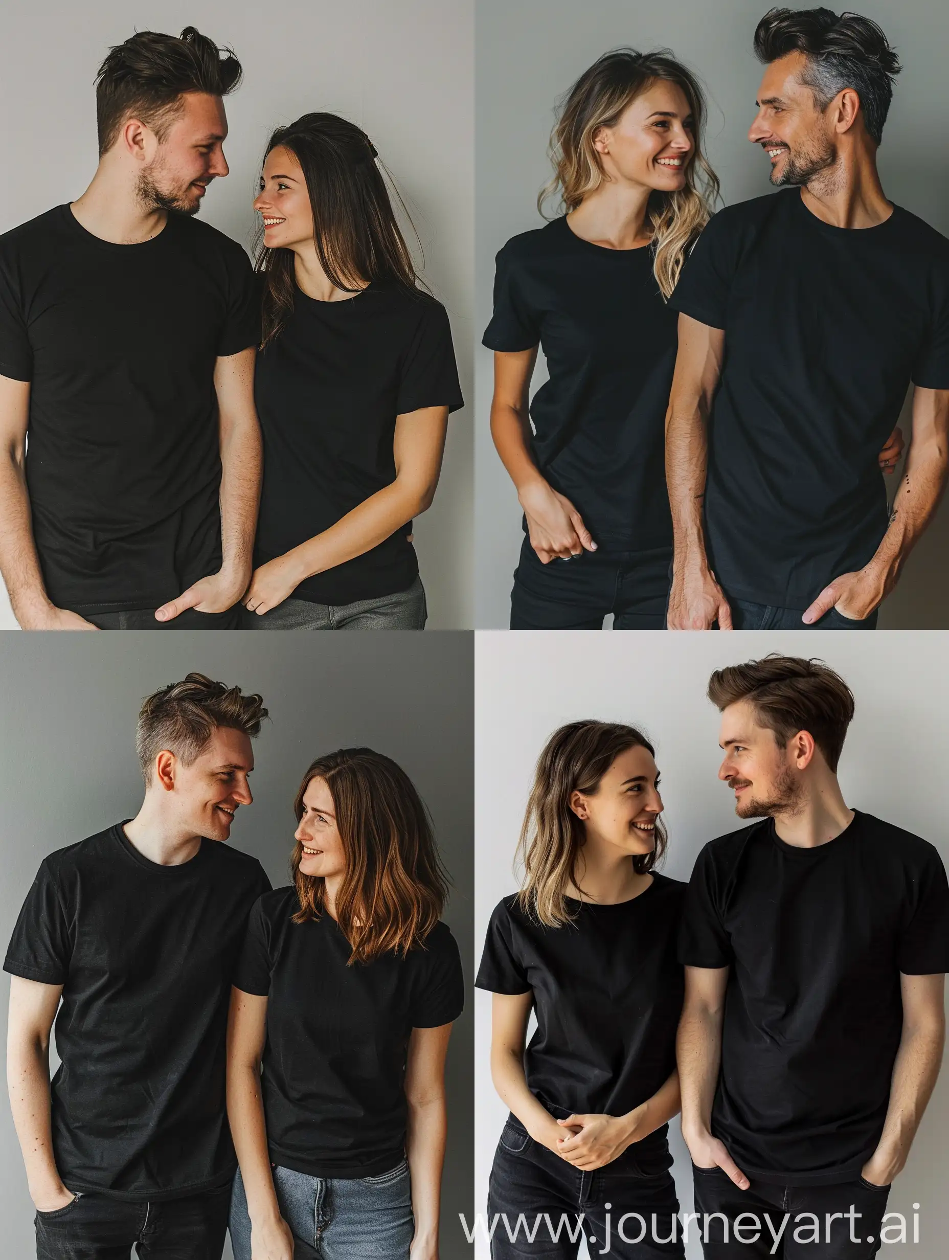 happy couple man and woman in black t-shirts looking at each other