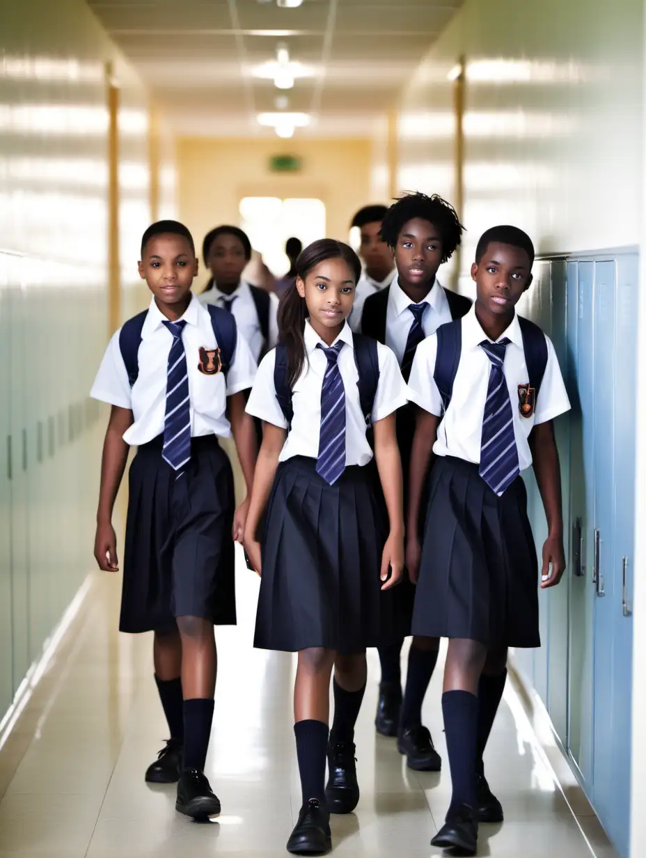 genarate black secondary school students with uniform, walking down the hallway. teenagers in secondary school, from ages 18. 